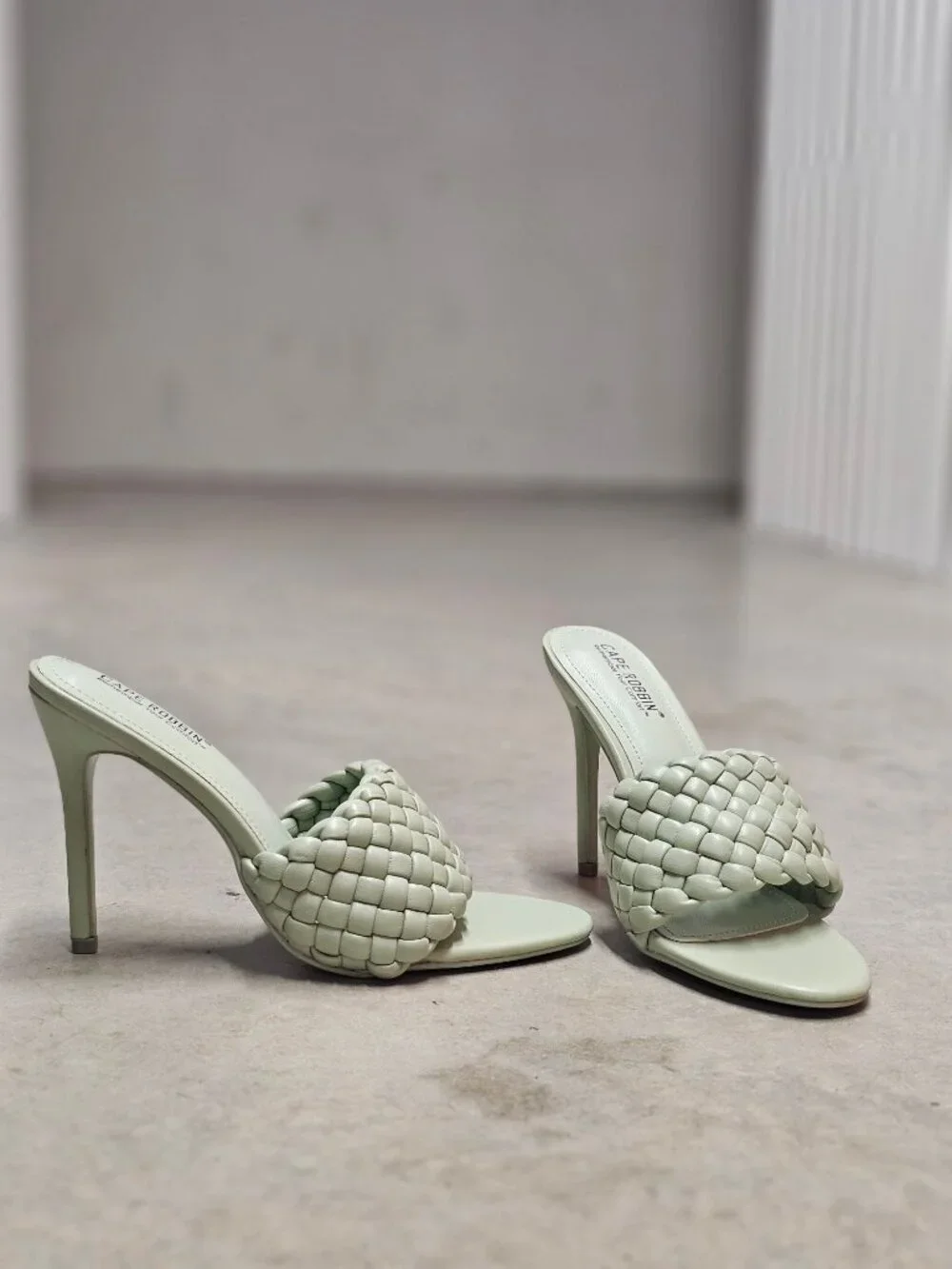 Woven Sage Green High Heel Mules With Padded Straps - Elegant Slip-On Design For
